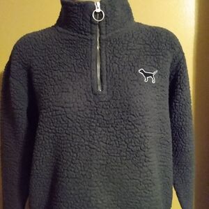 Victoria secret pink pullover grey Sherpa long sleeve zip with pockets dog logo